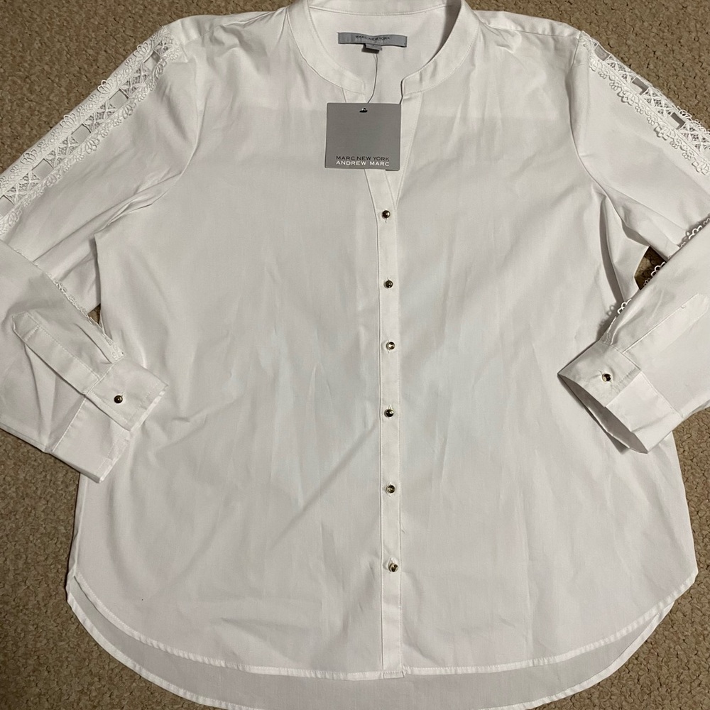 Marc New York  Andrew Marc NWT White Button Down quarter sleeve blouse size Lg